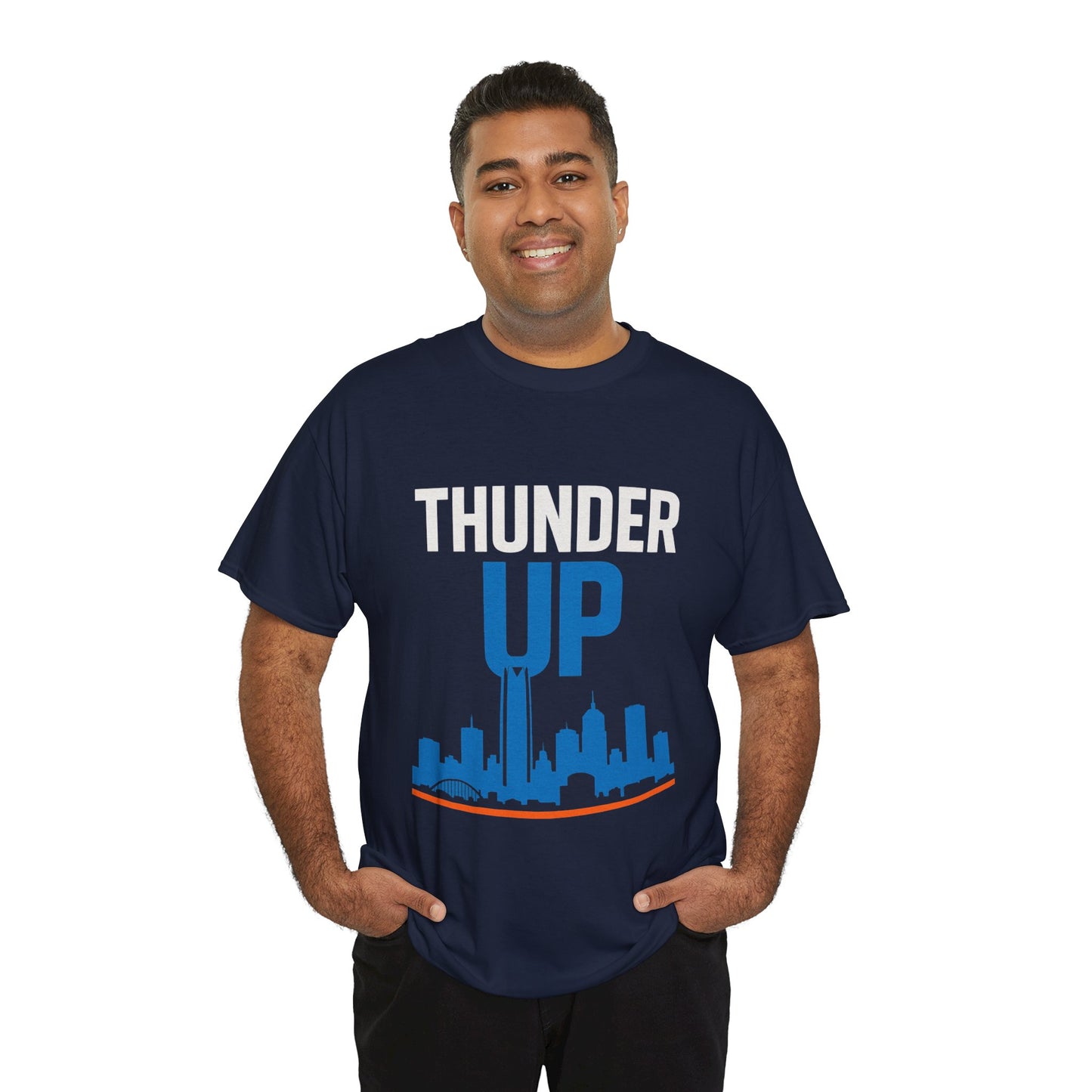 Thunder Up Oklahoma City Skyline Shirt – OKC Basketball Fan Tee, Blue & Orange City Skyline Graphic, Oklahoma Hoops Spirit Wear, Game Day T-Shirt