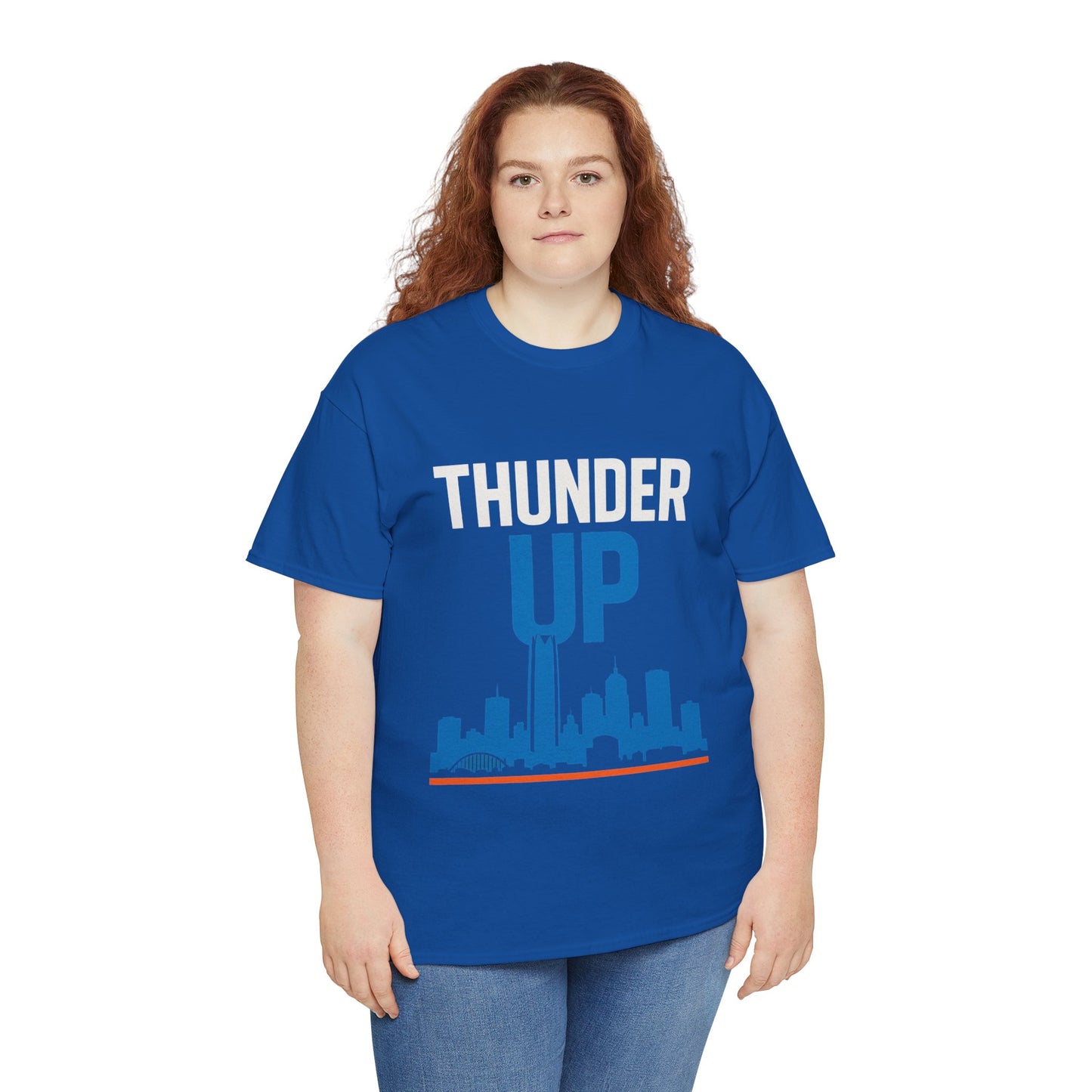 Thunder Up Oklahoma City Skyline Shirt – OKC Basketball Fan Tee, Blue & Orange City Skyline Graphic, Oklahoma Hoops Spirit Wear, Game Day T-Shirt