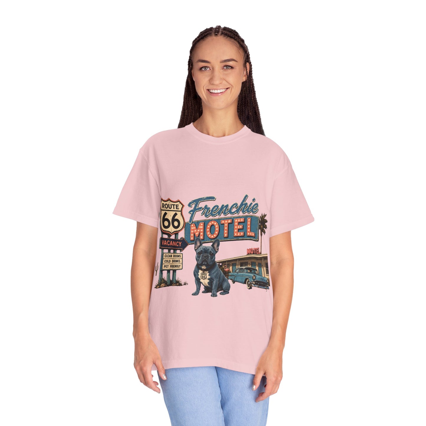 Route 66 Frenchie Motel Shirt, French Bulldog Retro Travel Tee, Vintage Road Trip Shirt, Dog Lover Graphic Tee, Route 66 Dog Shirt, Frenchie Motel T-Shirt, Retro Americana Gift
