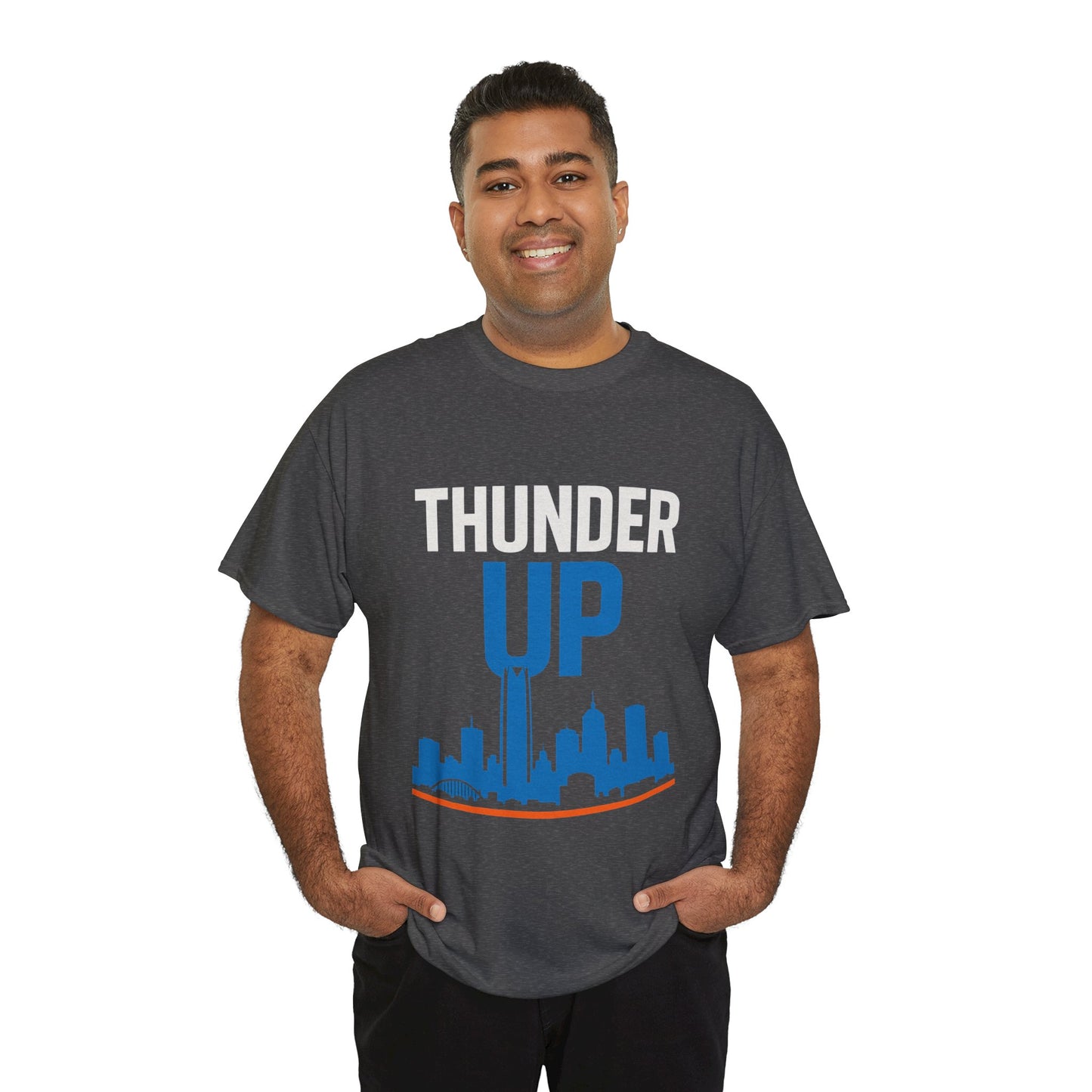 Thunder Up Oklahoma City Skyline Shirt – OKC Basketball Fan Tee, Blue & Orange City Skyline Graphic, Oklahoma Hoops Spirit Wear, Game Day T-Shirt