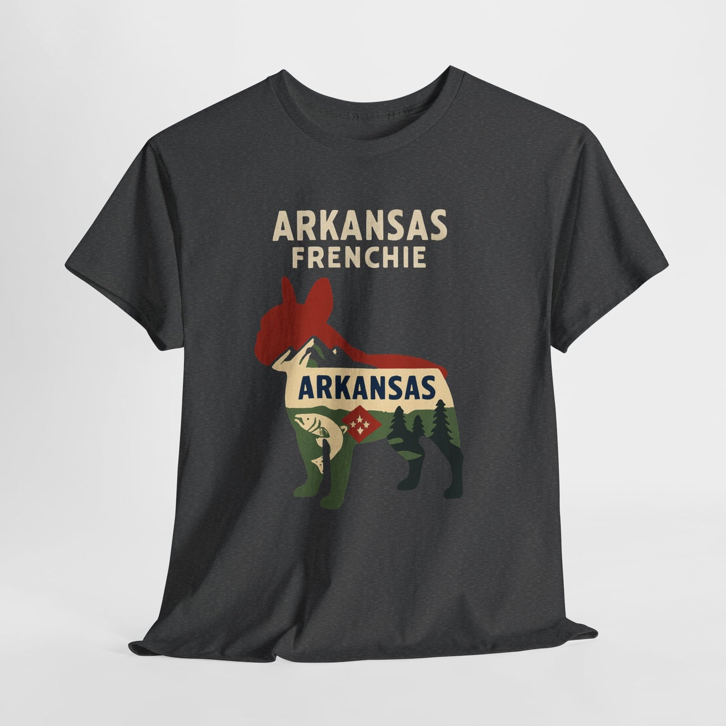 Arkansas Frenchie T-Shirt – French Bulldog State Pride Tee, Retro Arkansas Dog Lover Shirt, Nature Hiking Frenchie Gift
