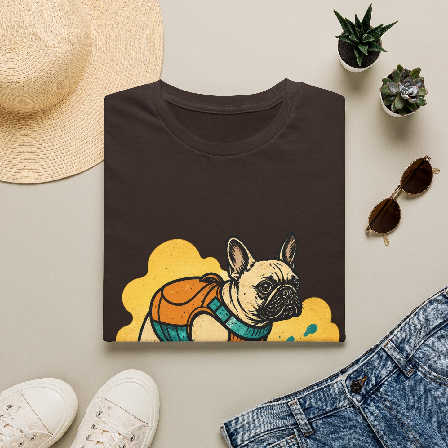 French Bulldog Surf T‑Shirt — Cute Dog with Backpack Beach Tee