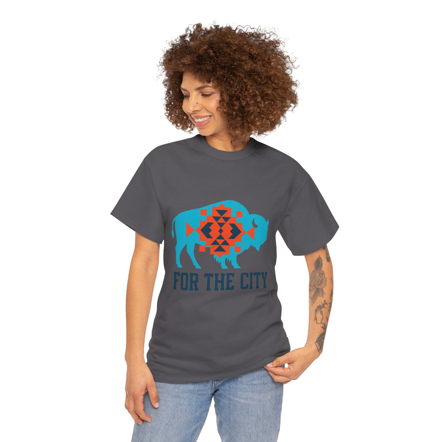 For The City Tribal Bison T-Shirt | Oklahoma Pride Tee | Blue & Orange Southwestern Bison Graphic | OKC Fan Inspired Shirt | Local Oklahoma Gift