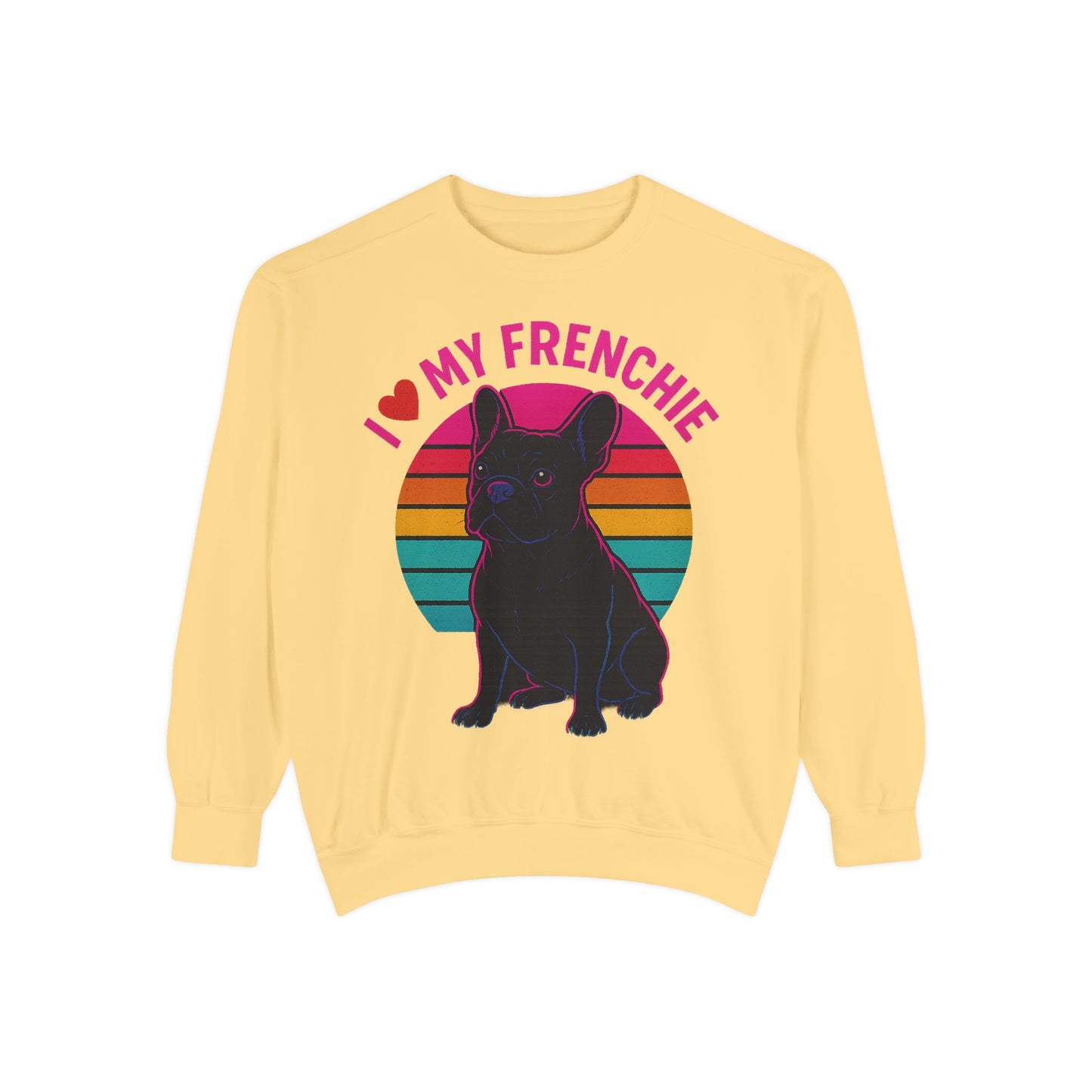 I Love My Frenchie Retro Sunset Pullover | Black French Bulldog Sweatshirt | Vintage Dog Lover Gift | Unisex Frenchie Sweater
