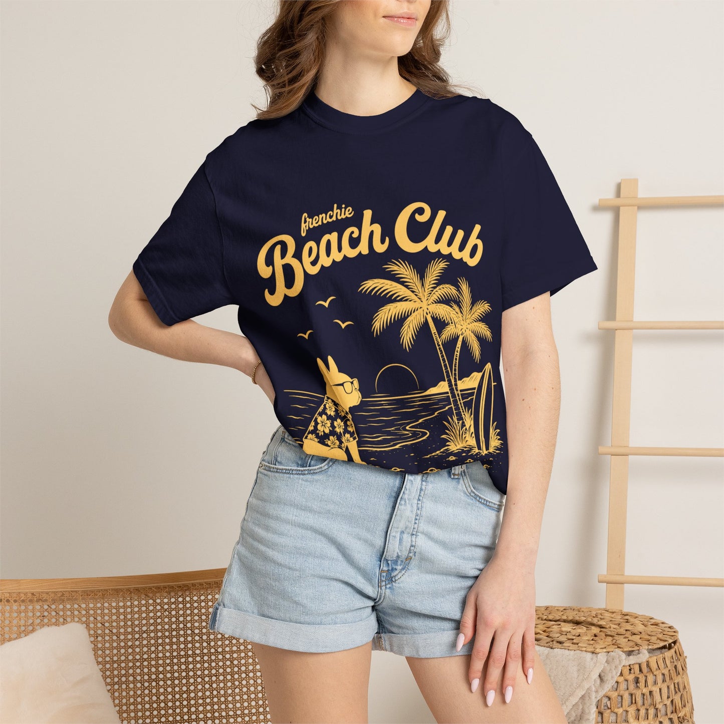 Frenchie Beach Club T-Shirt — Cute French Bulldog Surfing Palm Beach Tee