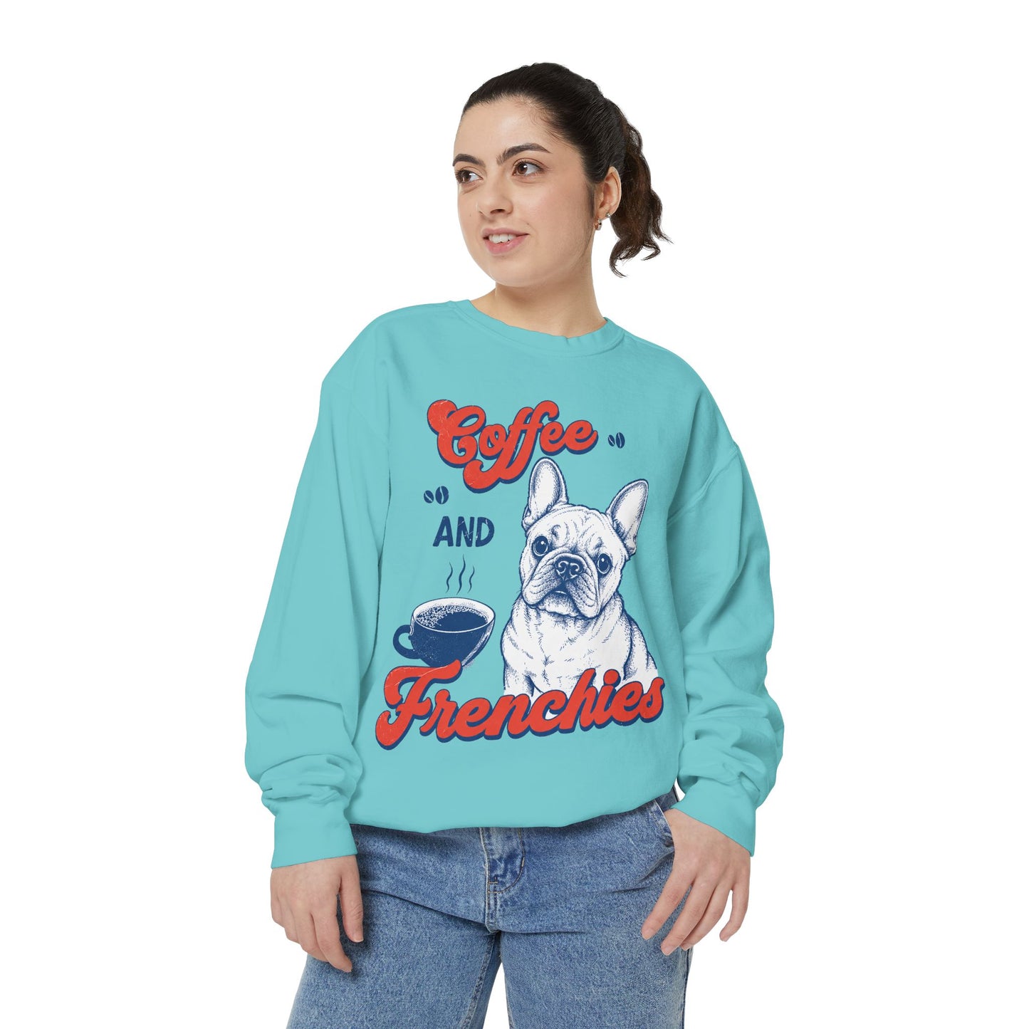 Coffee and Frenchies Sweatshirt, French Bulldog Coffee Crewneck, Frenchie Lover Pullover, Dog Mom Sweatshirt, Coffee Lover Gift, Cozy French Bulldog Sweatshirt