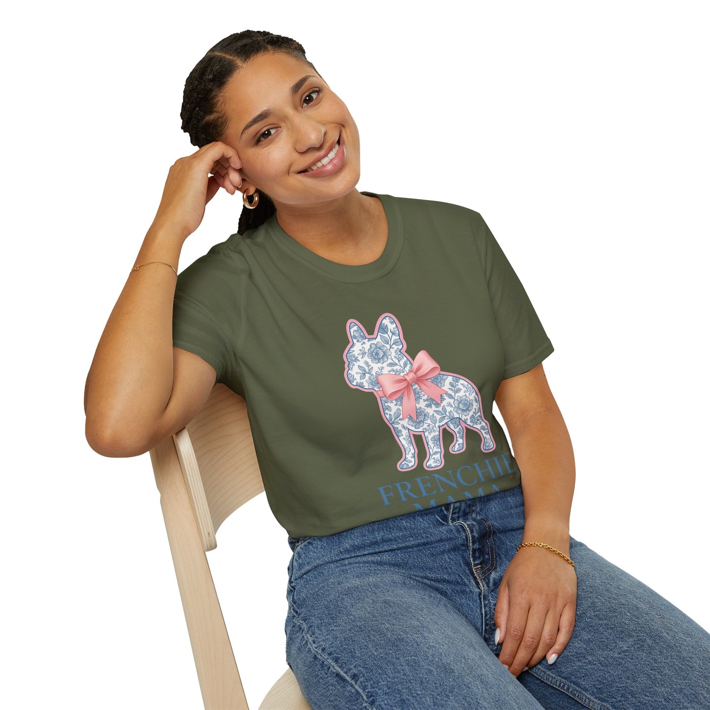 Frenchie Mama Shirt – Floral French Bulldog Silhouette Tee with Pink Bow, Dog Mom Gift, Cute Frenchie Lover T-Shirt, Pastel Dog Mom Apparel