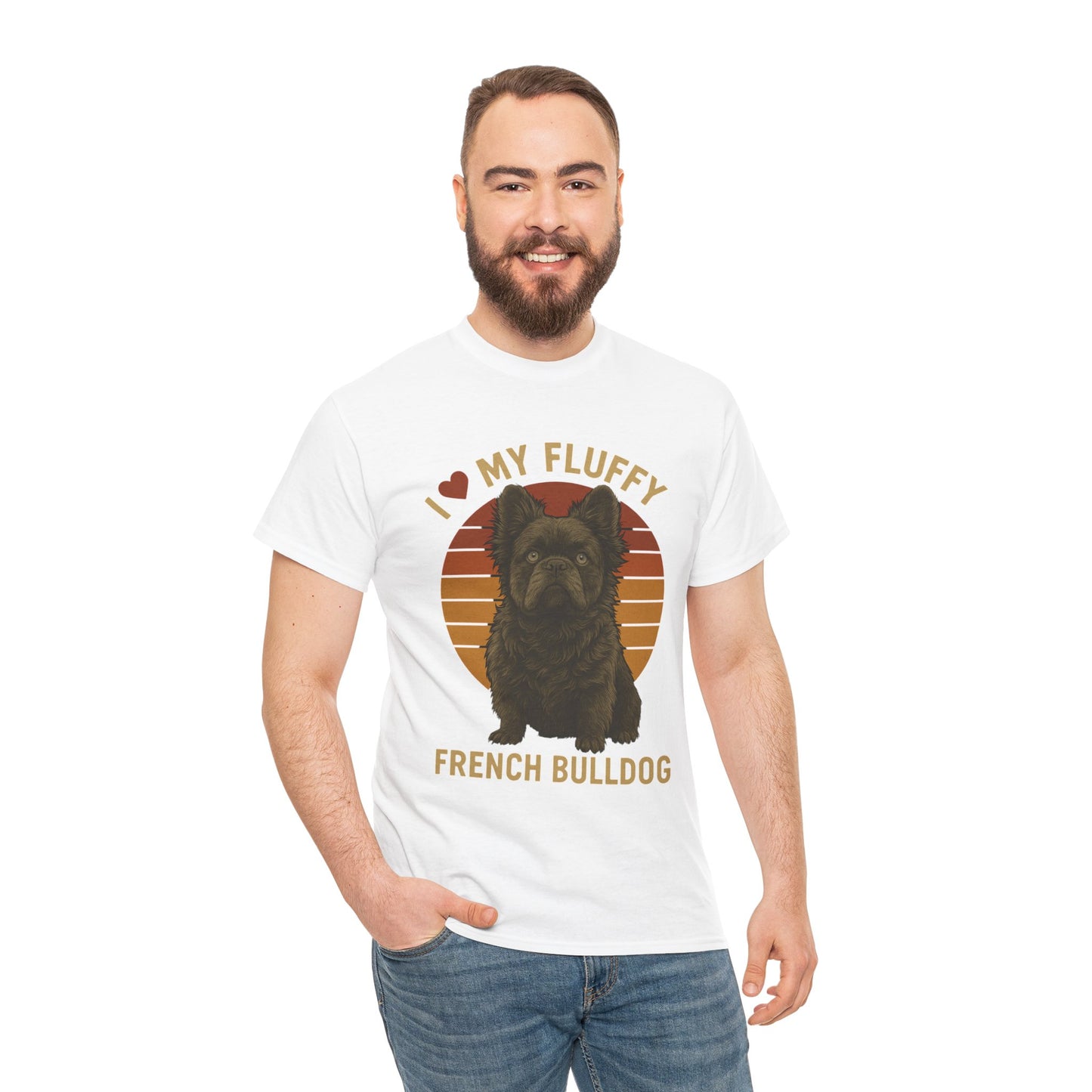I Love My Fluffy French Bulldog Shirt – Cute Fluffy Frenchie Mom Tee – Retro Sunset Dog Lover Gift – Fluffy Frenchie Owner Present – Pet Parent T-Shirt