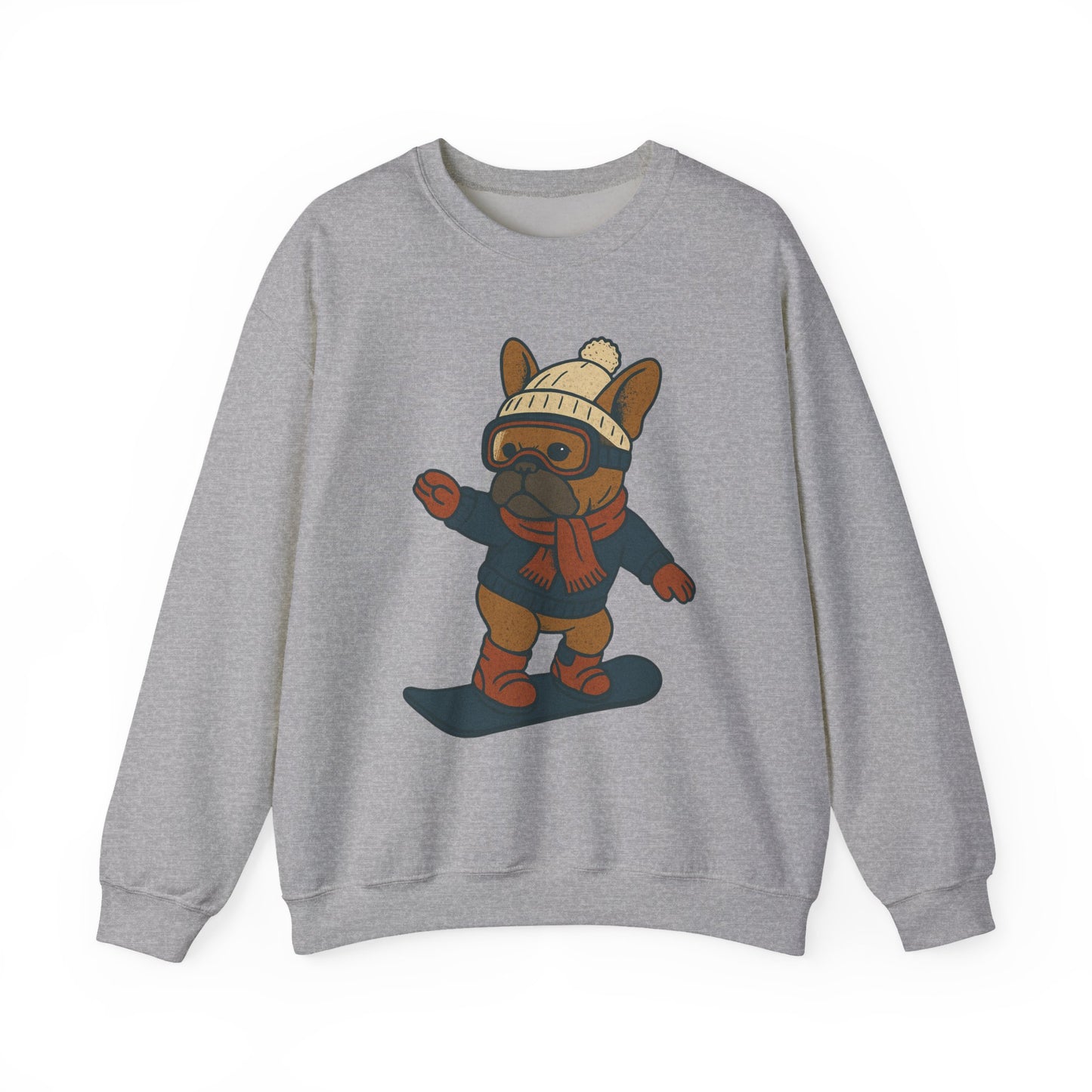 Snowboarding Frenchie Sweatshirt – Cute French Bulldog Winter Sweater, Snowboard Dog Pullover, Cozy Holiday Ski Dog Crewneck, Frenchie Lover Gift