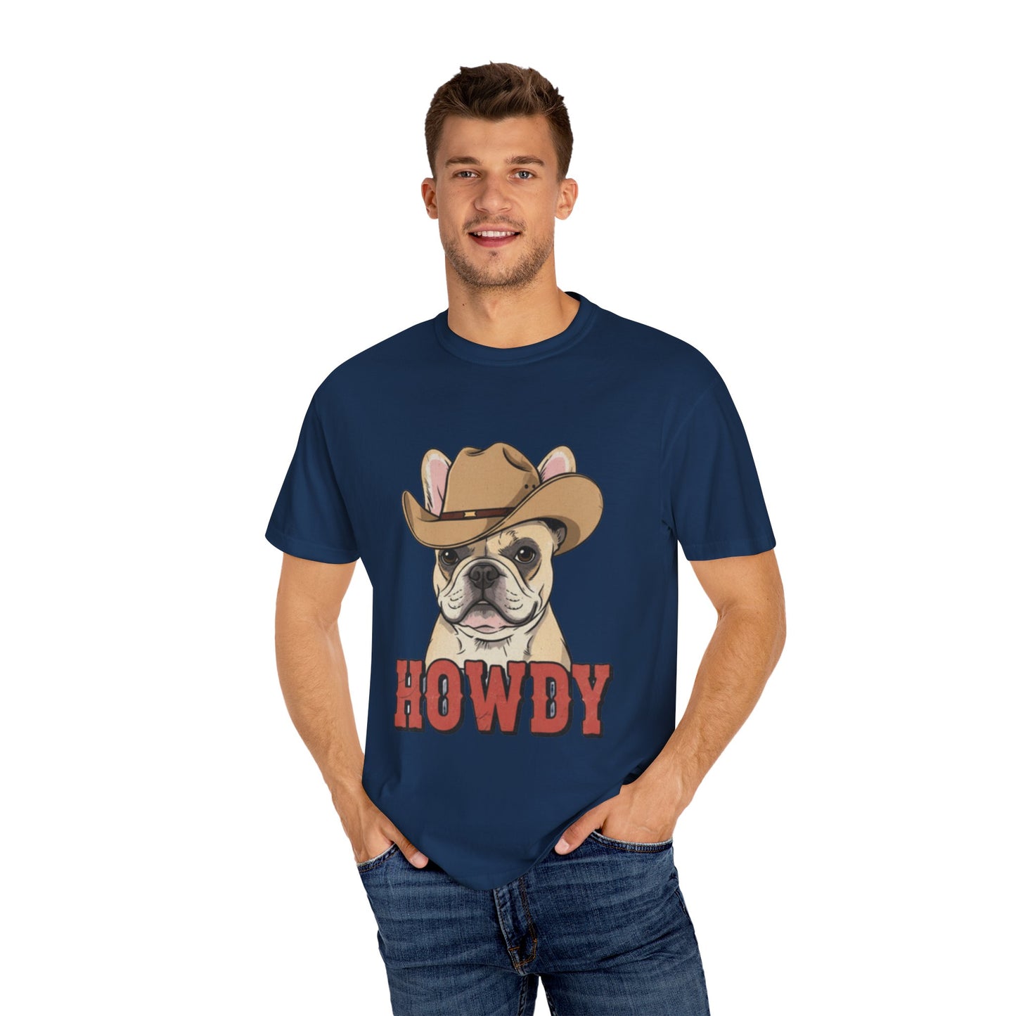 Howdy French Bulldog Cowboy T-Shirt | Western Frenchie Graphic Tee | Cute Dog Lover Country Shirt | Funny Gift for Him or Her