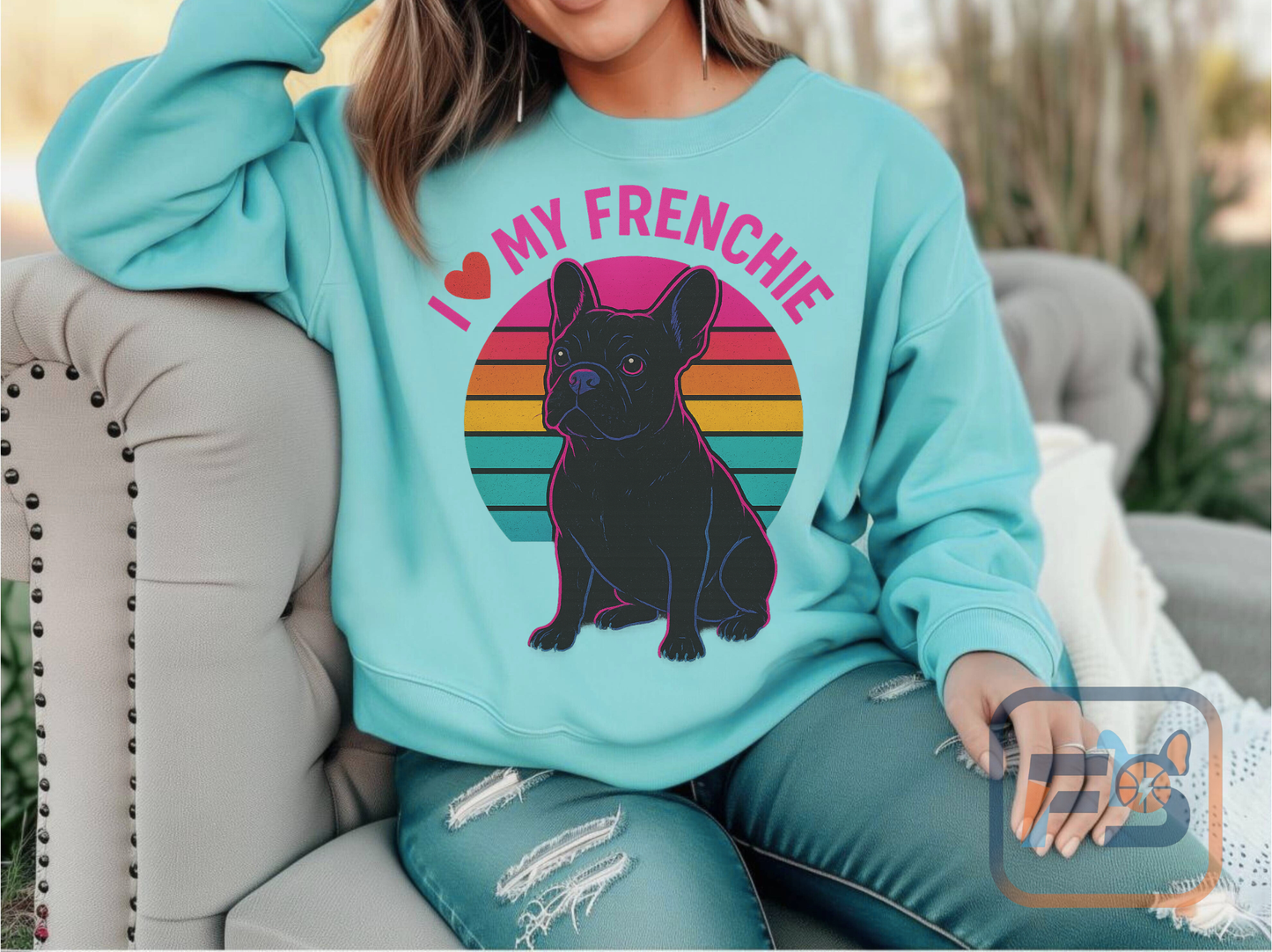 I Love My Frenchie Retro Sunset Pullover | Black French Bulldog Sweatshirt | Vintage Dog Lover Gift | Unisex Frenchie Sweater