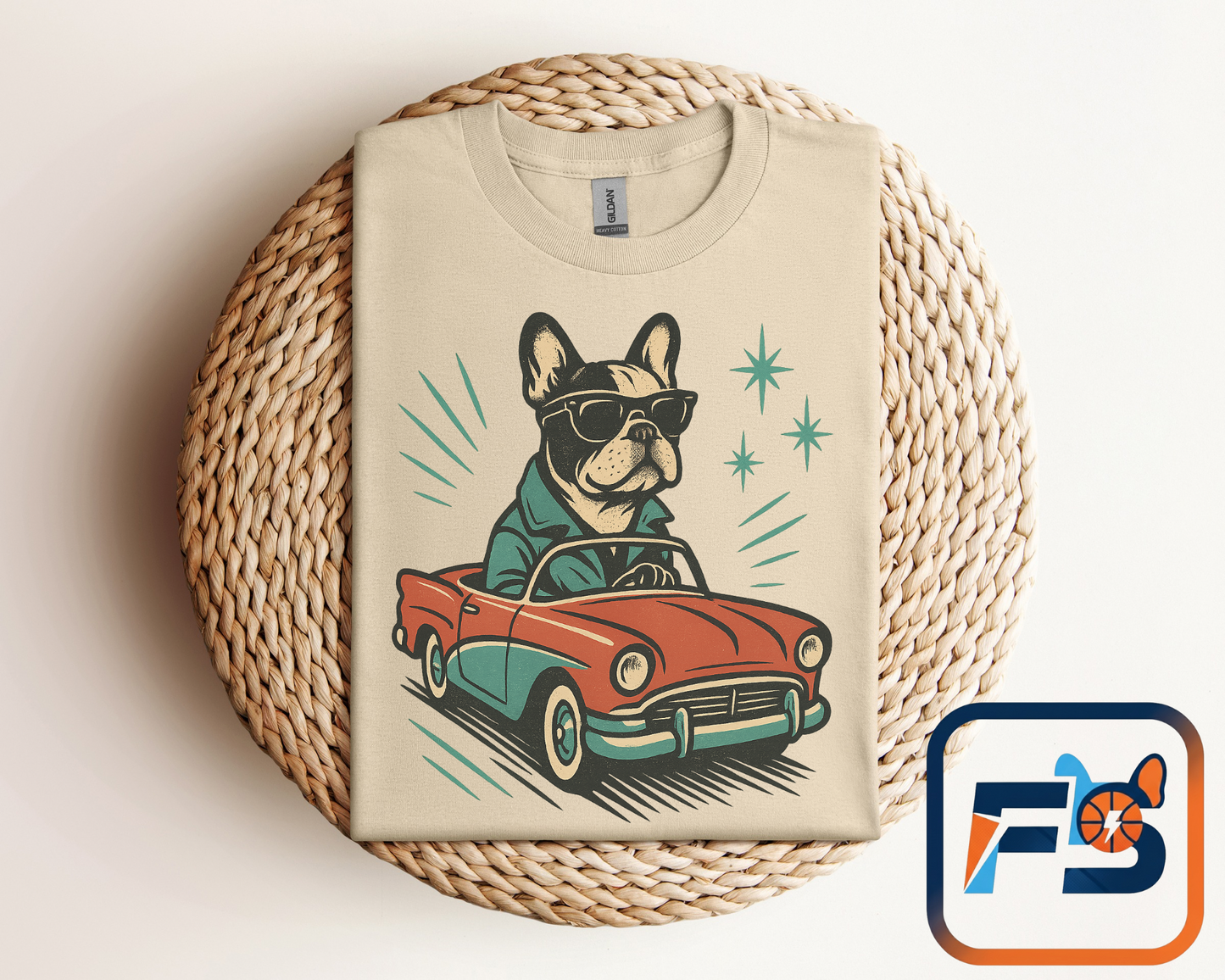 Rockabilly Frenchie T-Shirt | Retro French Bulldog Driving Tee | Vintage Car Dog Lover Shirt | Cool 50s Style Frenchie Graphic Tee