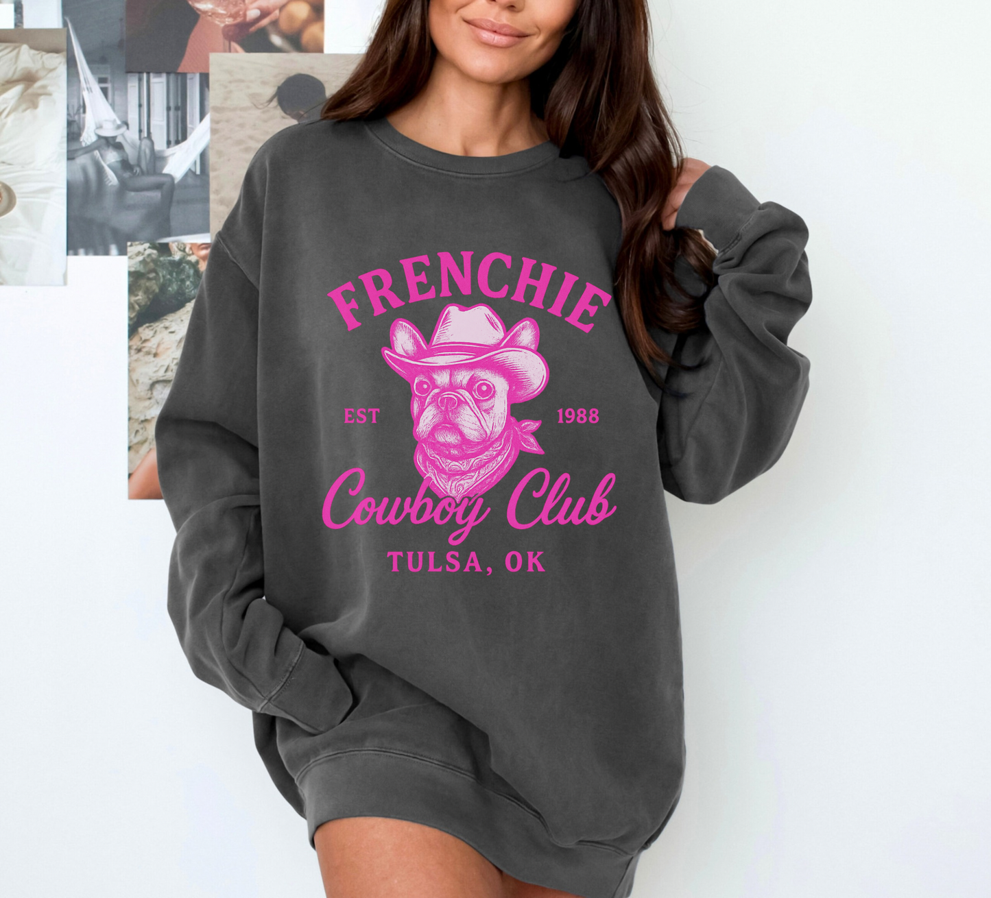 Frenchie Cowboy Club Sweatshirt | Western French Bulldog Pullover | Retro Country Dog Lover Crewneck | Tulsa Oklahoma Cowboy Graphic Sweater