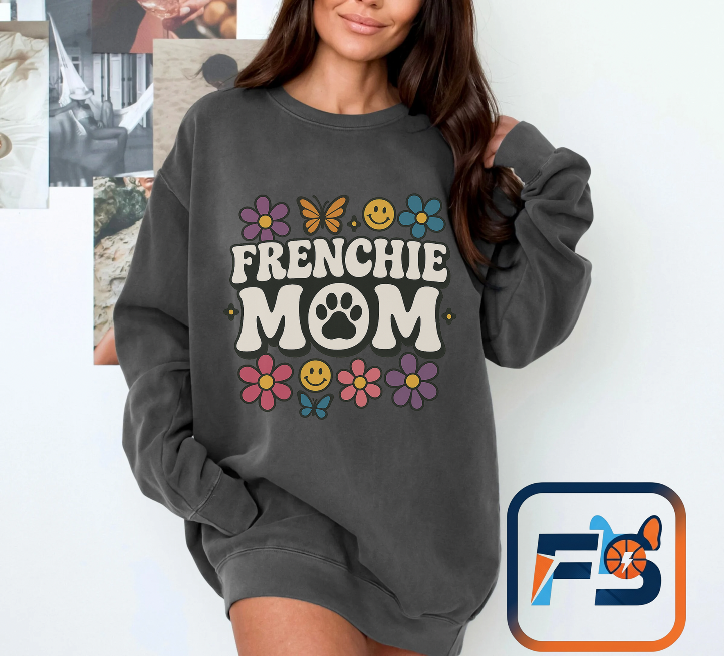Frenchie Mom Sweatshirt | Retro Groovy Dog Lover Pullover | Smiley Flower French Bulldog Crewneck | Cute Colorful Dog Mom Sweater