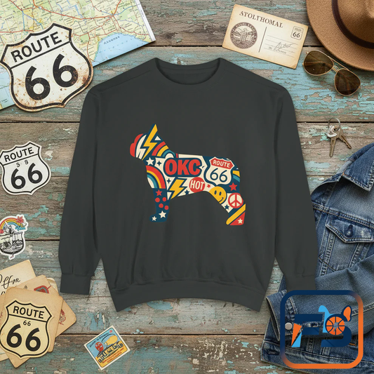 OKC Frenchie Route 66 Sweatshirt | Retro Oklahoma Pullover | Blue Orange Dog Lover Crewneck