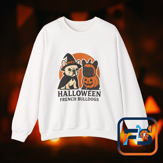 Halloween French Bulldogs Pullover | Cute Pumpkin & Witch Frenchie Sweatshirt | Spooky Fall Dog Lover Gift | Unisex Cozy Halloween Sweater