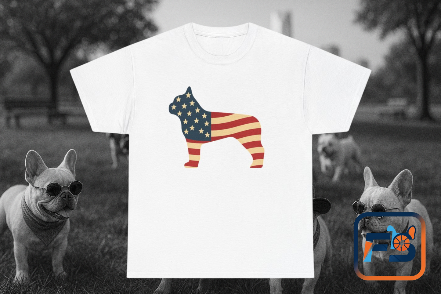 Patriotic French Bulldog T-Shirt | American Flag Frenchie Tee | USA Dog Lover Shirt | 4th of July French Bulldog Gift for Dog Moms & Dads