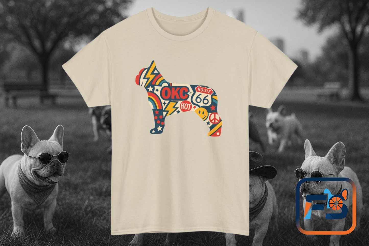 Oklahoma Route 66 French Bulldog T-Shirt | Retro OKC Frenchie Tee | Vintage Route 66 Dog Lover Shirt | Oklahoma Pride Gift for Frenchie Fans