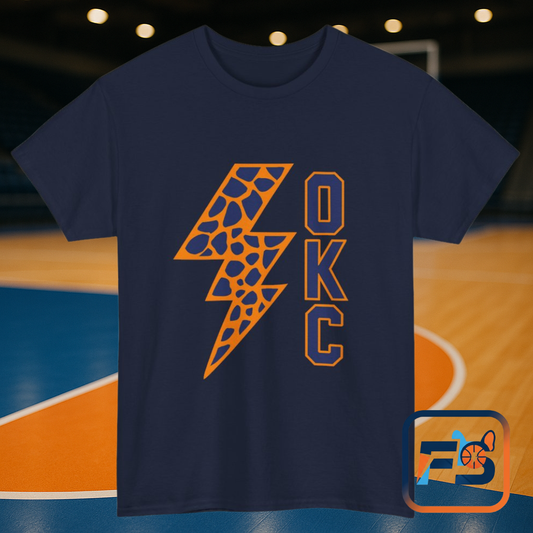 OKC Leopard Lightning Bolt T-Shirt | Oklahoma City Basketball | Blue & Orange Game Day Tee