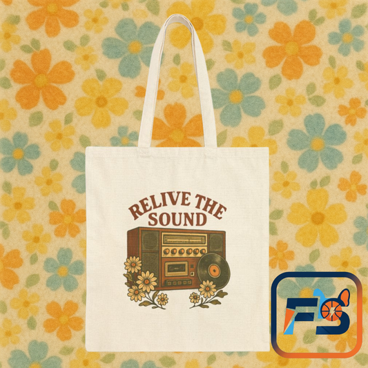 Relive the Sound Tote Bag | Retro Boombox Floral Bag | Vintage Music Lover Gift | Record Player Daisy Tote | 70s Aesthetic Reusable Bag