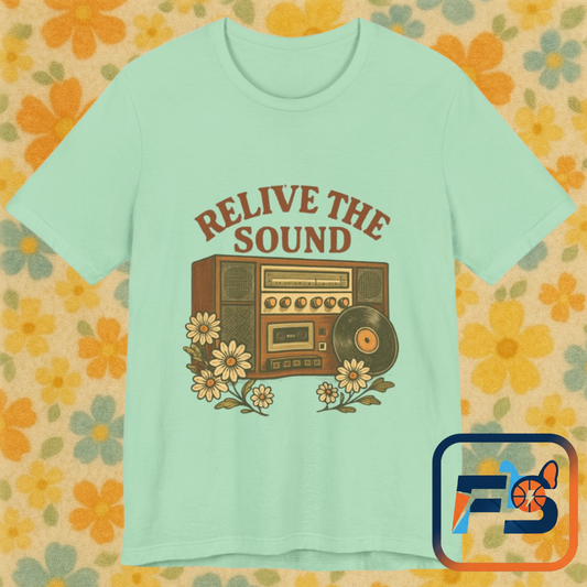 Relive the Sound Retro Music T-Shirt | Vintage Boombox Tee | Record Player Graphic Shirt | 70s Floral Music Lover Gift | Groovy Aesthetic Tee