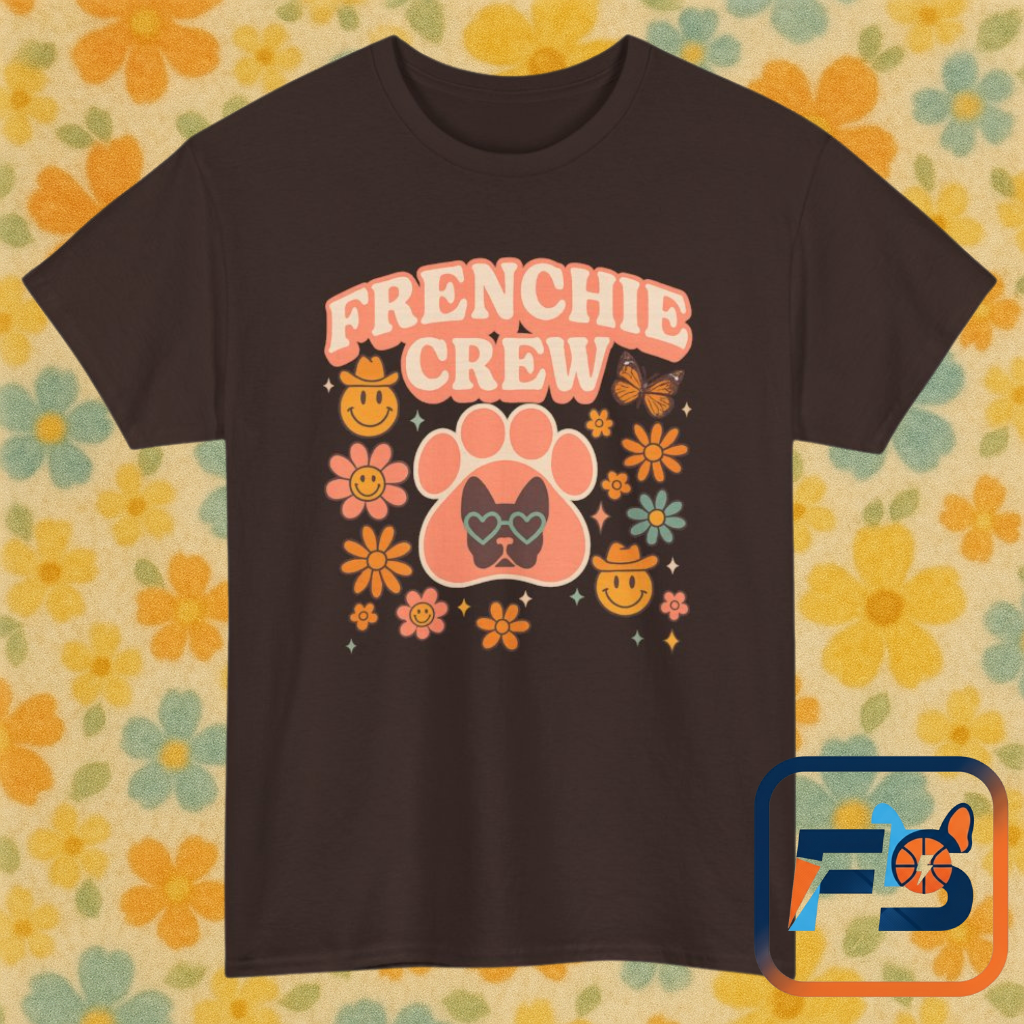 Frenchie Crew T-Shirt | Retro 70s Floral French Bulldog Tee | Groovy Dog Mom Shirt | Frenchie Lover Gift | Vintage Aesthetic Graphic Tee