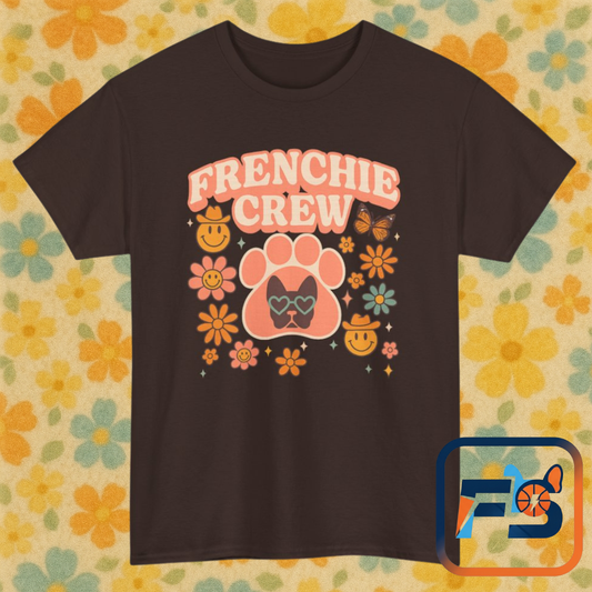 Frenchie Crew T-Shirt | Retro 70s Floral French Bulldog Tee | Groovy Dog Mom Shirt | Frenchie Lover Gift | Vintage Aesthetic Graphic Tee