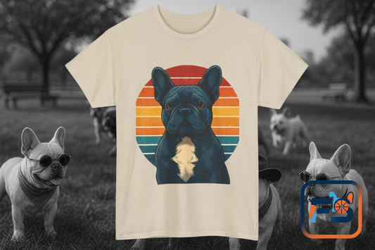 Retro Blue French Bulldog T-Shirt | Vintage Frenchie Dog Tee | 70s Sunset Graphic Shirt | Frenchie Lover Gift | Cute Pet Owner Apparel