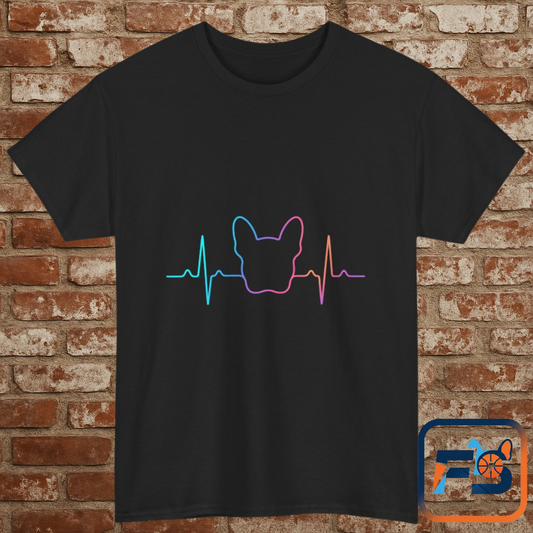 Rainbow Frenchie Heartbeat T-Shirt – Minimalist French Bulldog Line Art Tee, Neon Dog Lover Gift, Pet Mom or Dad Shirt
