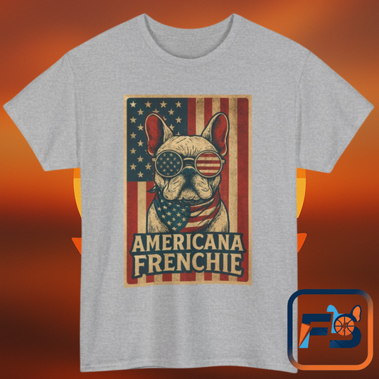 Americana Frenchie T-Shirt – Patriotic French Bulldog Tee, USA Flag Dog Shirt, 4th of July Frenchie Gift, Vintage Retro Style