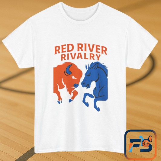 Red River Rivalry T-Shirt – Oklahoma vs Texas-Inspired Tee, Bison and Mustang Game Day Shirt, Blue and Orange Sports Rivalry Graphic