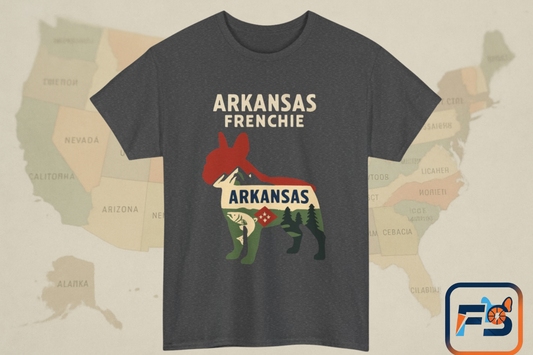 Arkansas Frenchie T-Shirt – French Bulldog State Pride Tee, Retro Arkansas Dog Lover Shirt, Nature Hiking Frenchie Gift