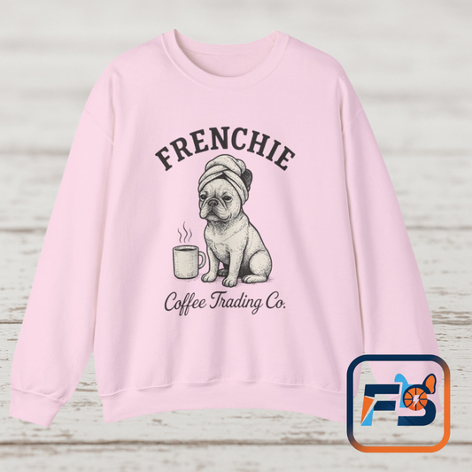 Frenchie Coffee Trading Co. Sweatshirt – Cozy French Bulldog Coffee Lover Crewneck, Vintage Café Dog Sweater, Cute Pet Gift