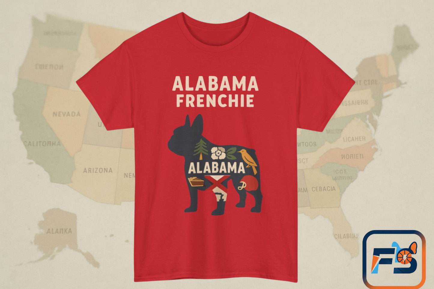 Alabama Frenchie T-Shirt – French Bulldog State Pride Tee, Retro Alabama Dog Lover Shirt, Southern Frenchie Gift for Pet Lovers