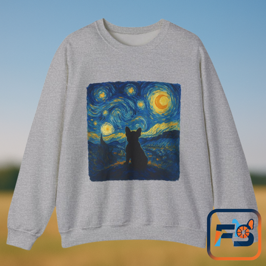 Starry Night Frenchie Sweatshirt – Van Gogh Inspired French Bulldog Art Crewneck, Cozy Dog Lover Gift, Retro Frenchie Sweater