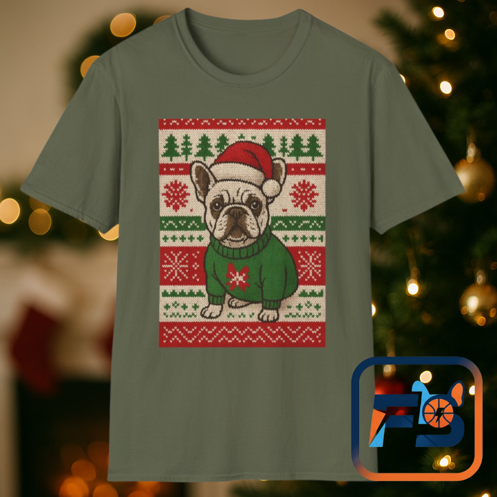 Frenchie Christmas T-Shirt – Cute French Bulldog Ugly Sweater Style Tee, Holiday Dog Lover Shirt, Funny Christmas Frenchie Gift