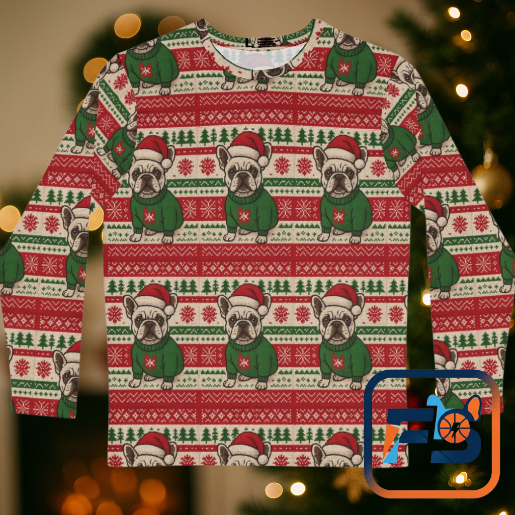 Frenchie Christmas All-Over Print Shirt – Funny Ugly Sweater Style Long Sleeve, Holiday French Bulldog Shirt, Festive Dog Lover Gift