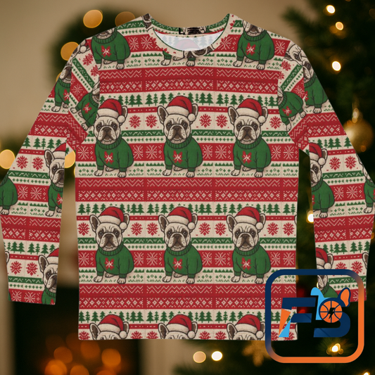 Frenchie Christmas All-Over Print Shirt – Funny Ugly Sweater Style Long Sleeve, Holiday French Bulldog Shirt, Festive Dog Lover Gift