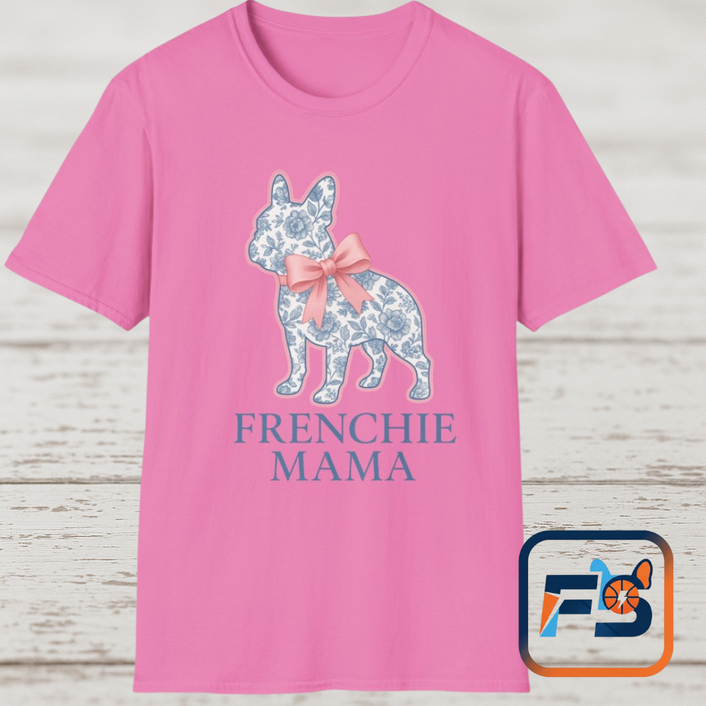 Frenchie Mama Shirt – Floral French Bulldog Silhouette Tee with Pink Bow, Dog Mom Gift, Cute Frenchie Lover T-Shirt, Pastel Dog Mom Apparel