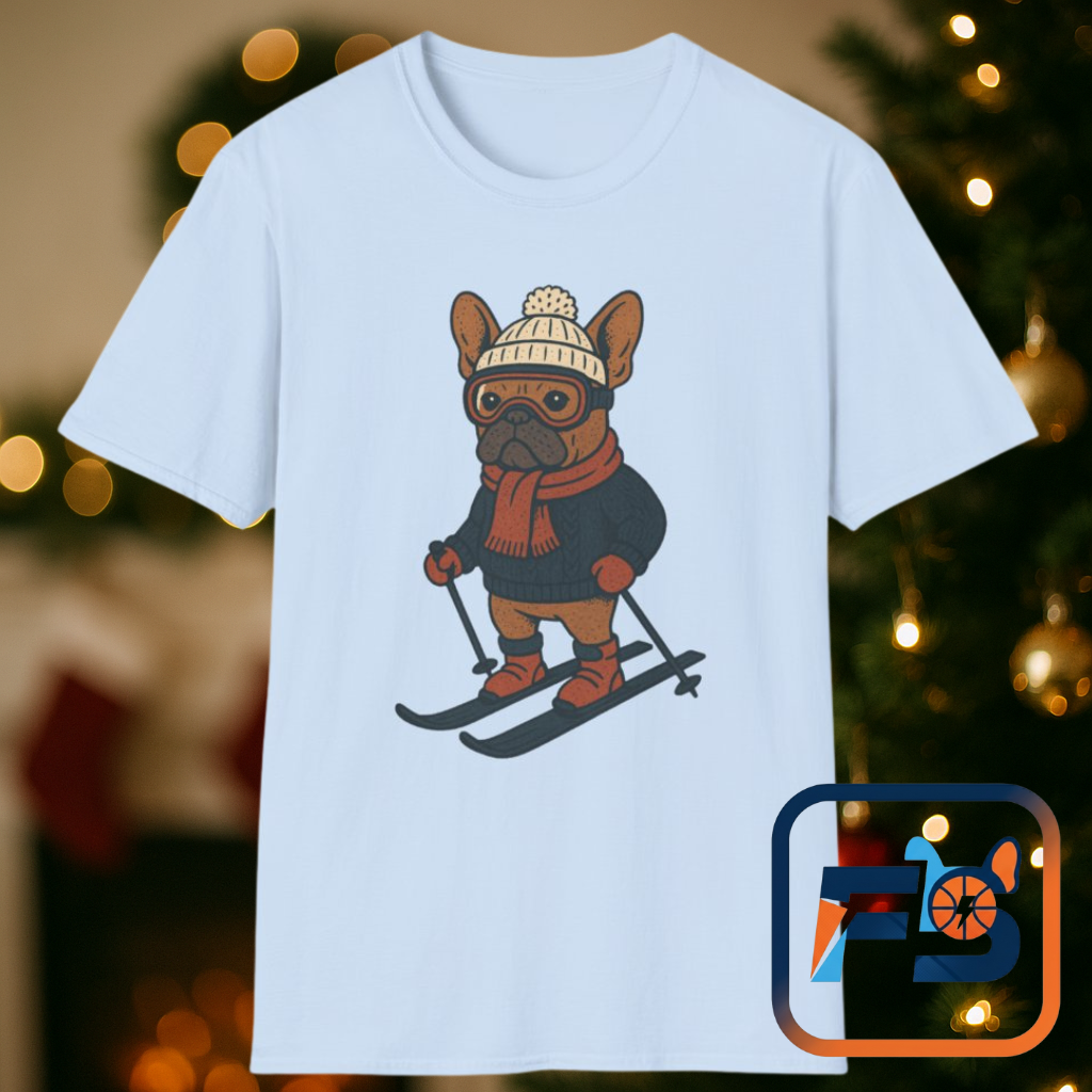 French Bulldog Skiing T-Shirt, Winter Frenchie Shirt, Ski Dog Graphic Tee, Cute Snow Dog Gift, Funny Frenchie Lover Shirt, Skiing Pup Tee