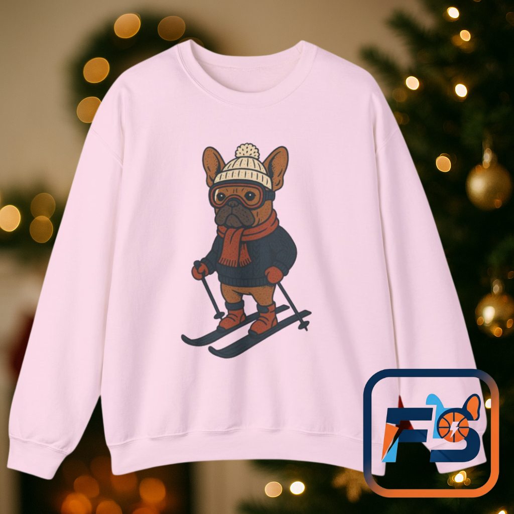 Skiing Frenchie Sweatshirt – Cute Winter French Bulldog Pullover, Cozy Ski Dog Sweater, Funny Dog Lover Gift, Winter Sports Bulldog Crewneck