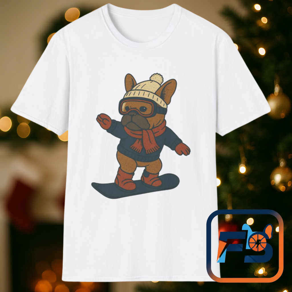 Snowboarding Frenchie T-Shirt | Cute Winter Dog Snowboard Tee | French Bulldog Snowboarder Shirt | Holiday Ski Resort Pup Graphic | Dog Lover Snow Sport Gift