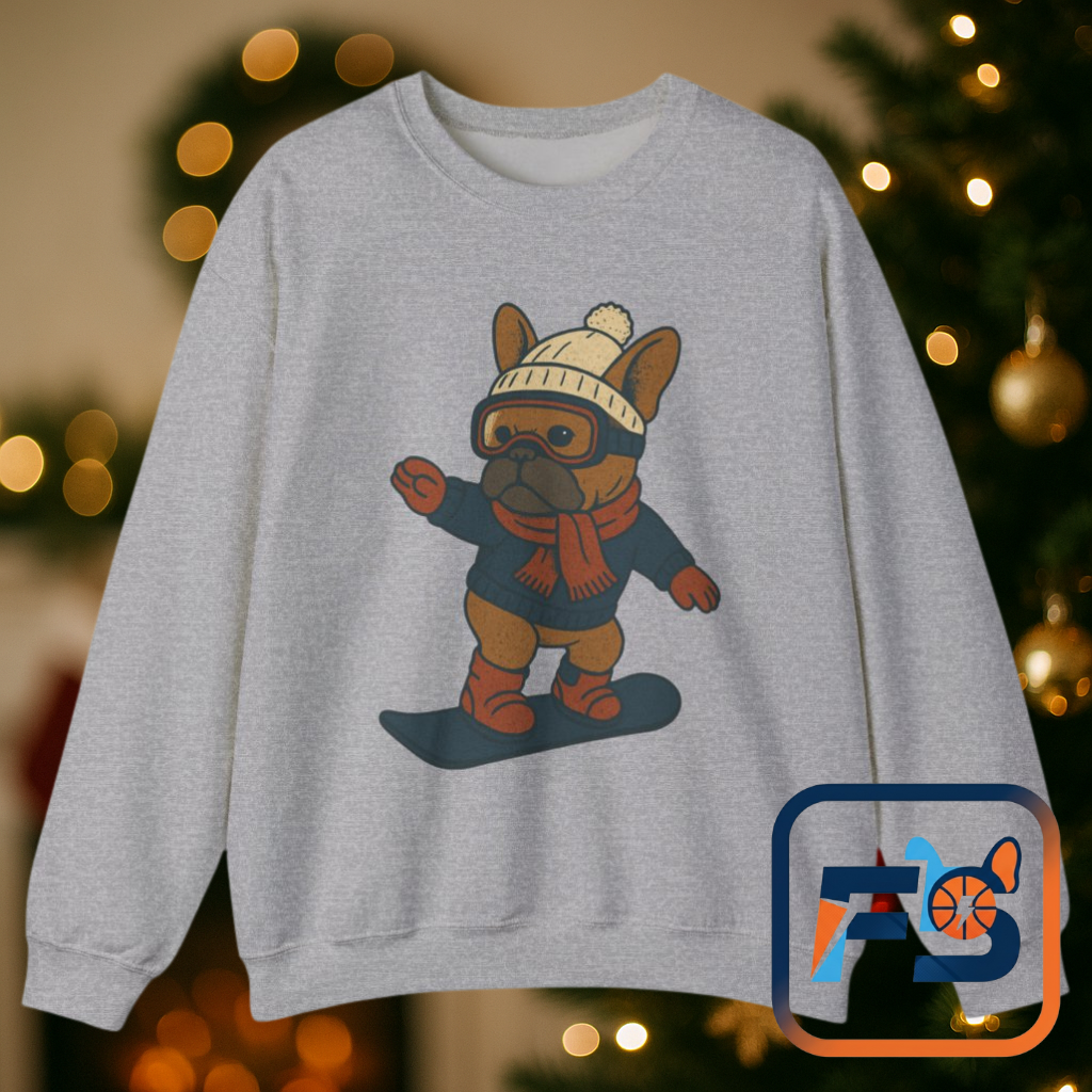 Snowboarding Frenchie Sweatshirt – Cute French Bulldog Winter Sweater, Snowboard Dog Pullover, Cozy Holiday Ski Dog Crewneck, Frenchie Lover Gift