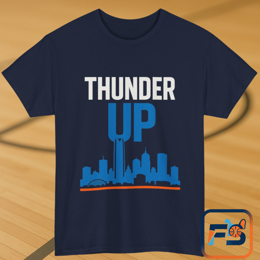 Thunder Up Oklahoma City Skyline Shirt – OKC Basketball Fan Tee, Blue & Orange City Skyline Graphic, Oklahoma Hoops Spirit Wear, Game Day T-Shirt