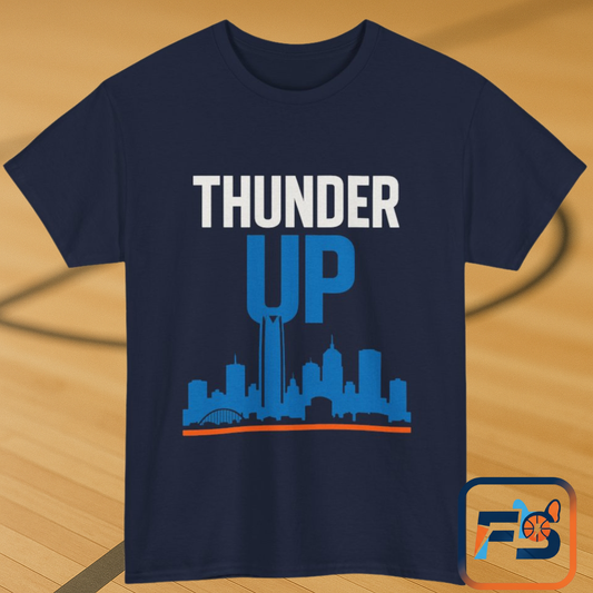 Thunder Up Oklahoma City Skyline Shirt – OKC Basketball Fan Tee, Blue & Orange City Skyline Graphic, Oklahoma Hoops Spirit Wear, Game Day T-Shirt