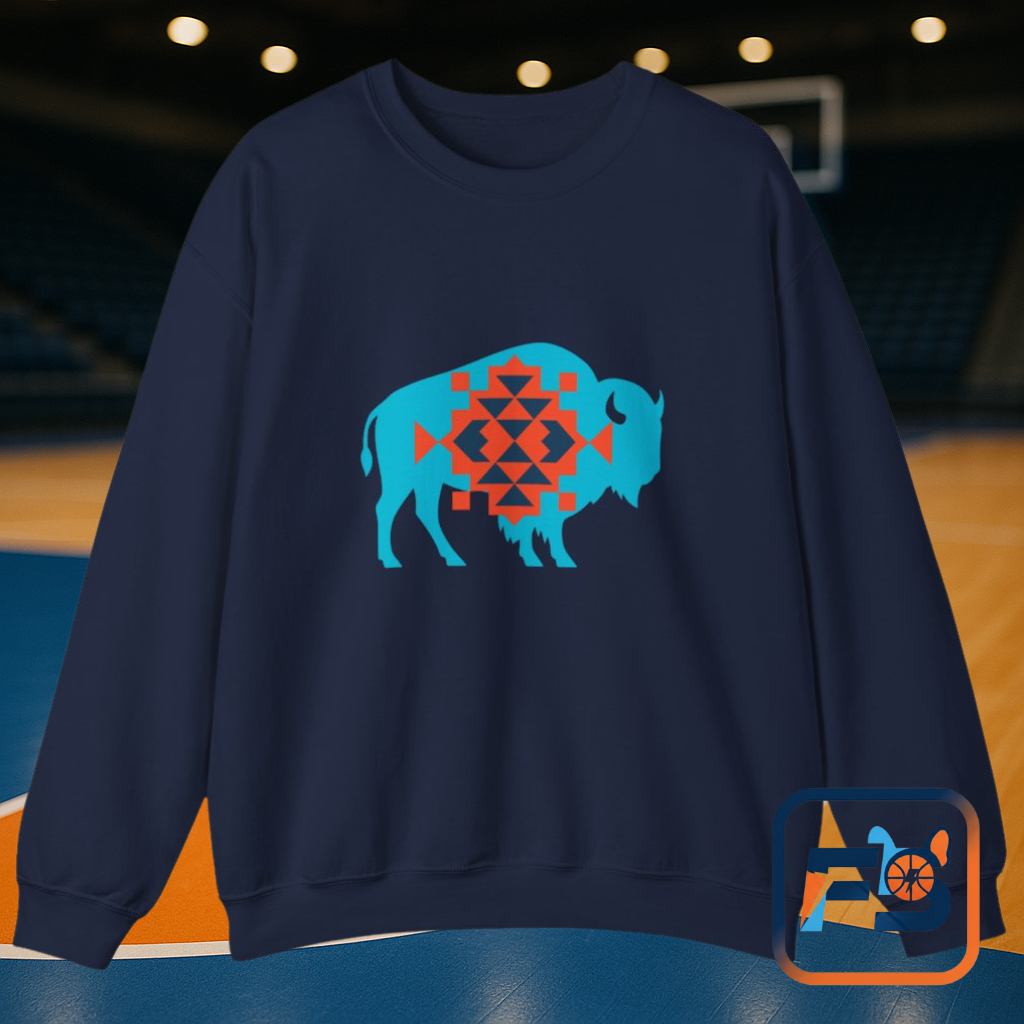 Aztec Bison Oklahoma Basketball Sweatshirt | Blue & Orange Tribal Bison Crewneck | OKC Spirit Sweater | For the City Thunder Fan Gift