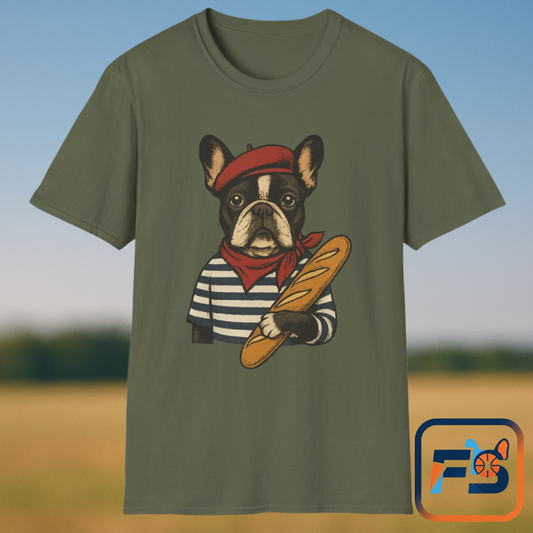 French Bulldog Parisian T-Shirt – Cute Frenchie in Beret & Stripes with Baguette – Funny Dog Lover Tee, French Style Dog Shirt, Gift for Frenchie Moms
