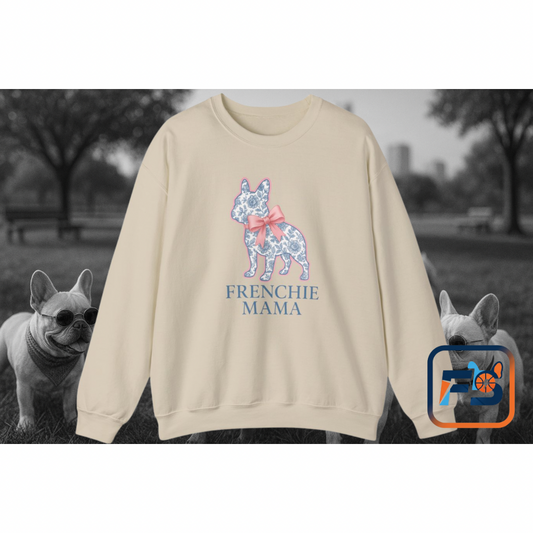 Frenchie Mama Sweatshirt – Blue Floral French Bulldog with Pink Bow, Cute Dog Mom Crewneck, French Bulldog Lover Gift, Cozy Dog Mom Sweater