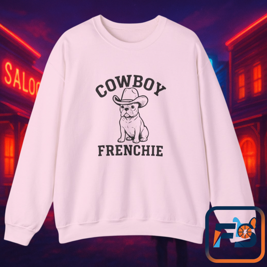 Cowboy Frenchie Sweatshirt – Western French Bulldog Crewneck, Cowboy Dog Sweater, Cute Frenchie Mom Gift, Country Western Dog Lover Shirt, Rustic Cowboy Pet Apparel