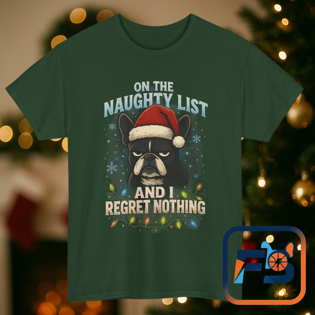 On The Naughty List Frenchie Christmas Shirt | Funny Holiday Dog Lover Tee | Grumpy French Bulldog Xmas Lights T-Shirt | Cute Pet Gift